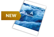 Tilted product brochure or catalog with blue water imagery and NEW label badge