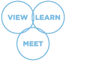 Three overlapping circles labeled VIEW, LEARN, and MEET in light blue