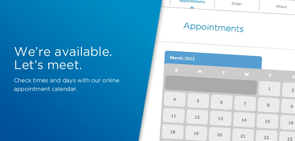 Online appointment calendar interface with March 2012 scheduling grid and availability message on blue background