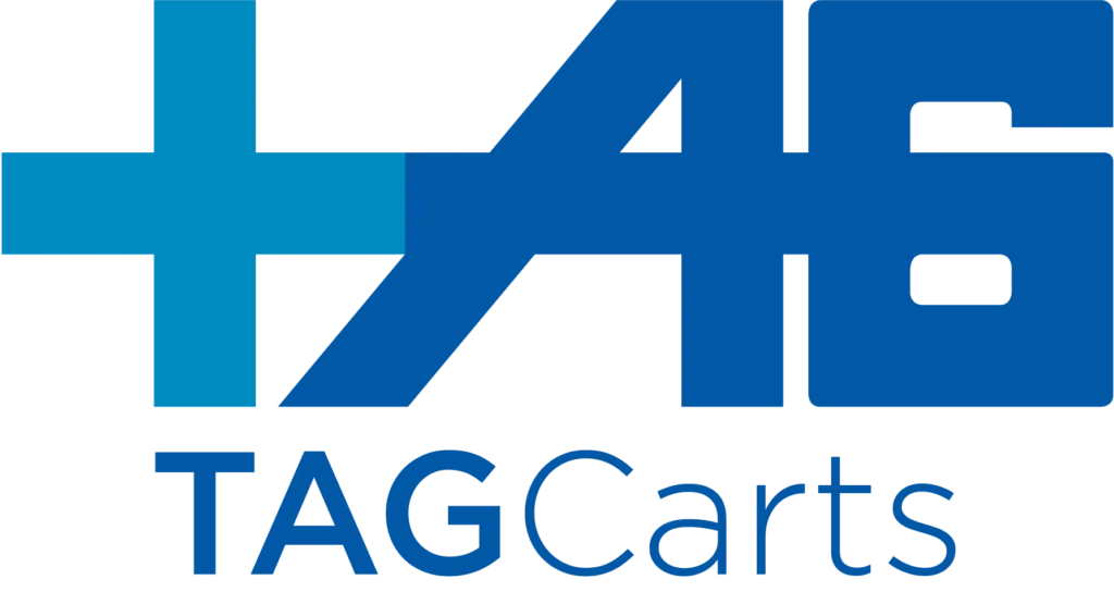 TAGCarts logo with blue cross and geometric shapes above text