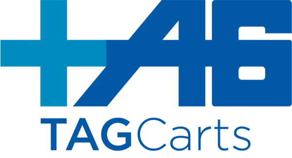 TAGCarts logo with blue cross and geometric shapes above text