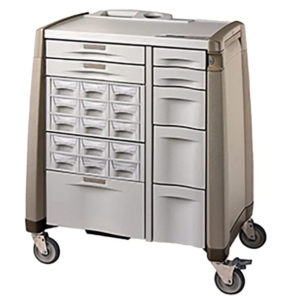 Medical cart with multiple drawers, small compartments, and locking casters on white background