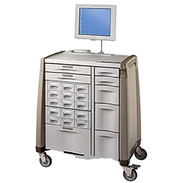 Medical cart with beige exterior, multiple drawers and compartments, monitor mounted on articulating arm, rolling casters