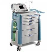 Medical cart with drawers, monitor mount, and overhead pole on wheeled base