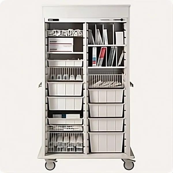 Mobile storage cart with white frame featuring two columns of white baskets and black shelving compartments, mounted on casters