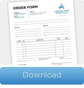 Order form document with American River Medical logo and blank fields for customer information and line items, with blue Download button below