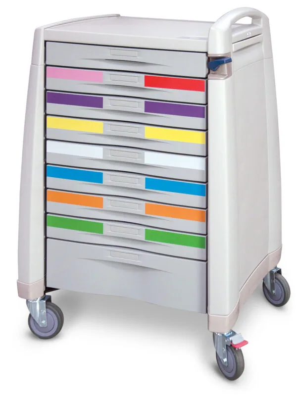 White mobile cart with nine drawers featuring color-coded labels in pink, red, purple, yellow, blue, orange, and green, mounted on casters with handles