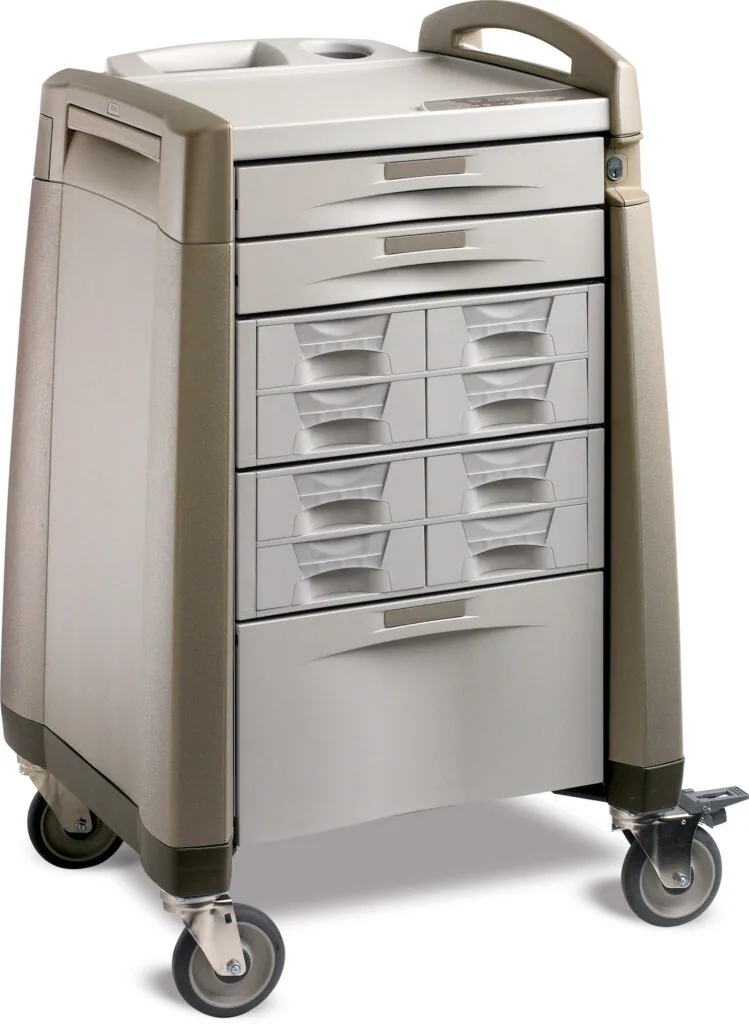 Medical utility cart with taupe side panels, white drawers, and locking casters