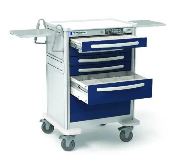 Medical utility cart with white upper frame, blue drawers with white handles, two side work surfaces, digital display panel, and four casters