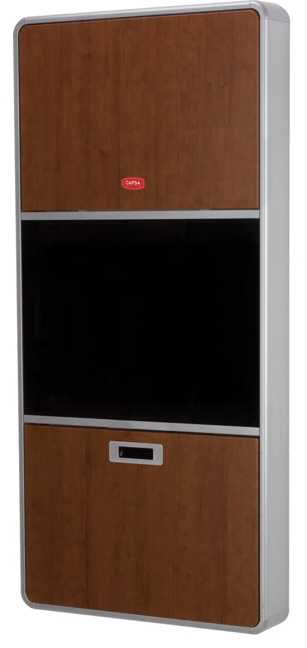 Wall-mounted cabinet with brown wood veneer panels, silver aluminum frame, black glass center section, and digital display panel.