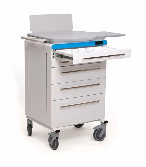 White medical cart with multiple drawers, blue drawer divider, and gray changing pad on top with casters