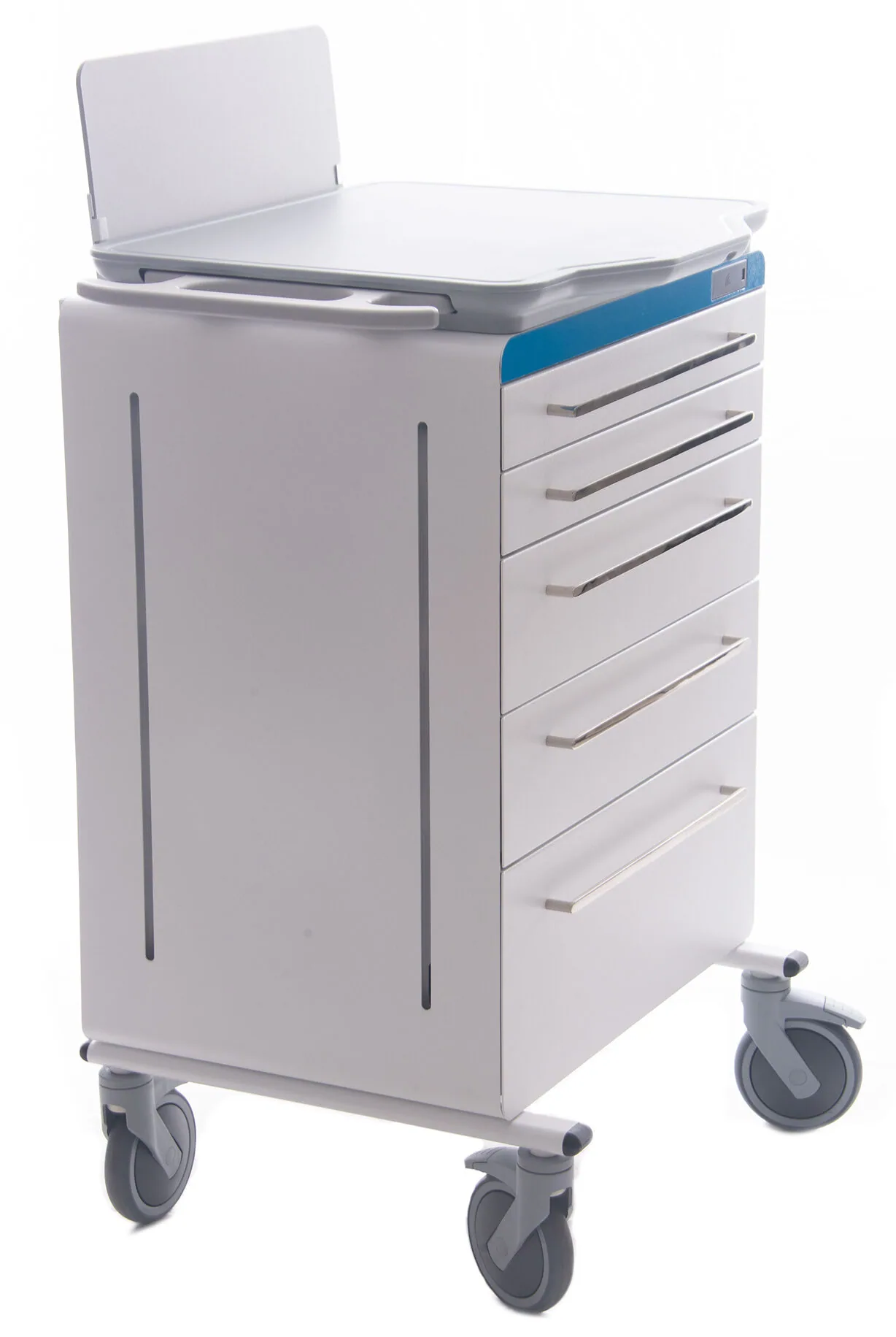 White medical cart with multiple drawers, blue accent stripe, and rolling casters on white background