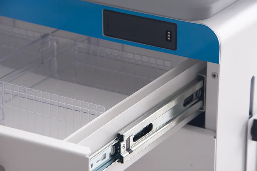 Open laboratory refrigerator with blue top band, digital display, and pull-out drawer basket