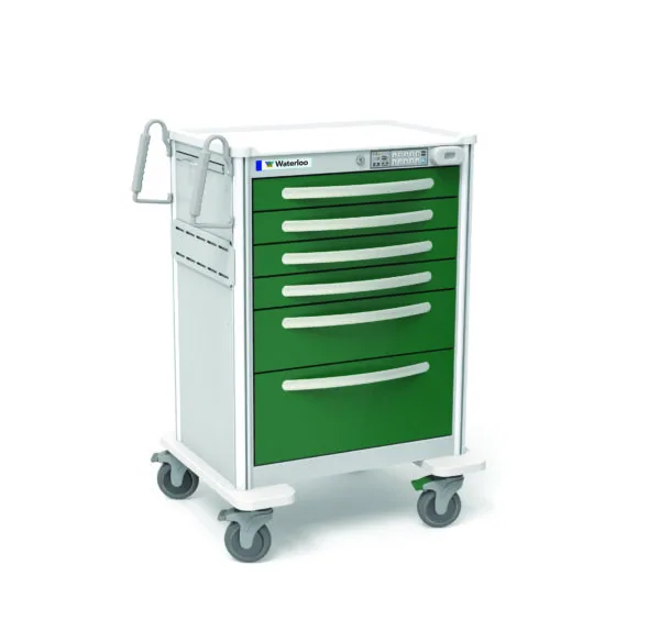 Green and white medical cart with six drawers and four caster wheels, featuring side handles and top accessories tray