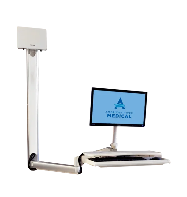 Medical cart with monitor displaying American River Medical logo, white equipment stand with horizontal arm bracket, and mounted overhead camera unit