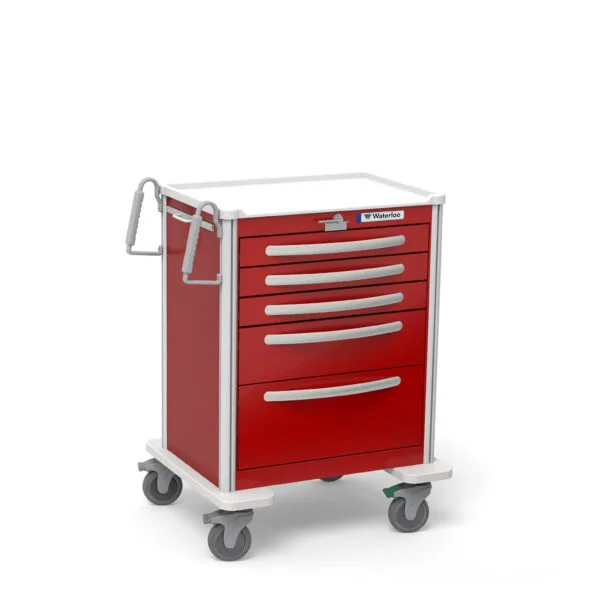 Red mobile medical cart with five drawers and gray aluminum frame on four wheels
