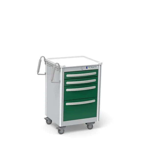 Mobile cart with white frame and green drawers featuring silver handles and casters
