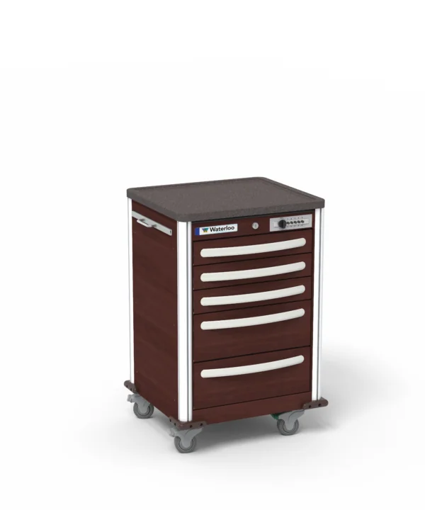 Dark brown mobile cart with five drawers, gray top surface, and metal handles on wheels