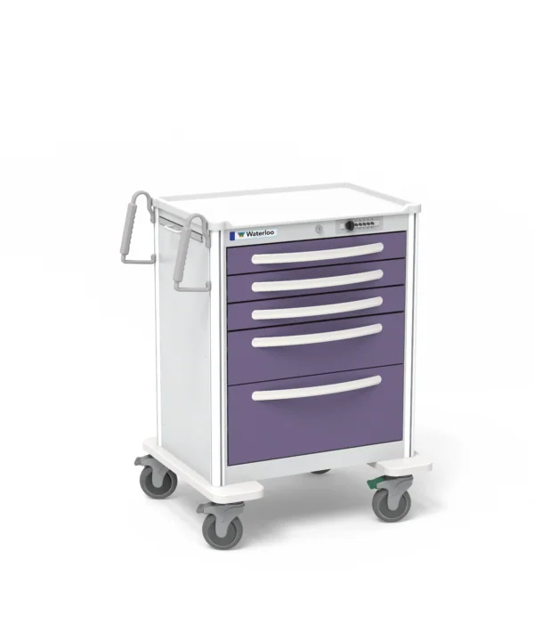 Medical cart with white frame and purple drawers featuring handles and locking casters