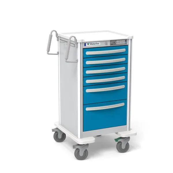 Medical cart with blue drawers, white frame, gray handles, and casters on wheels