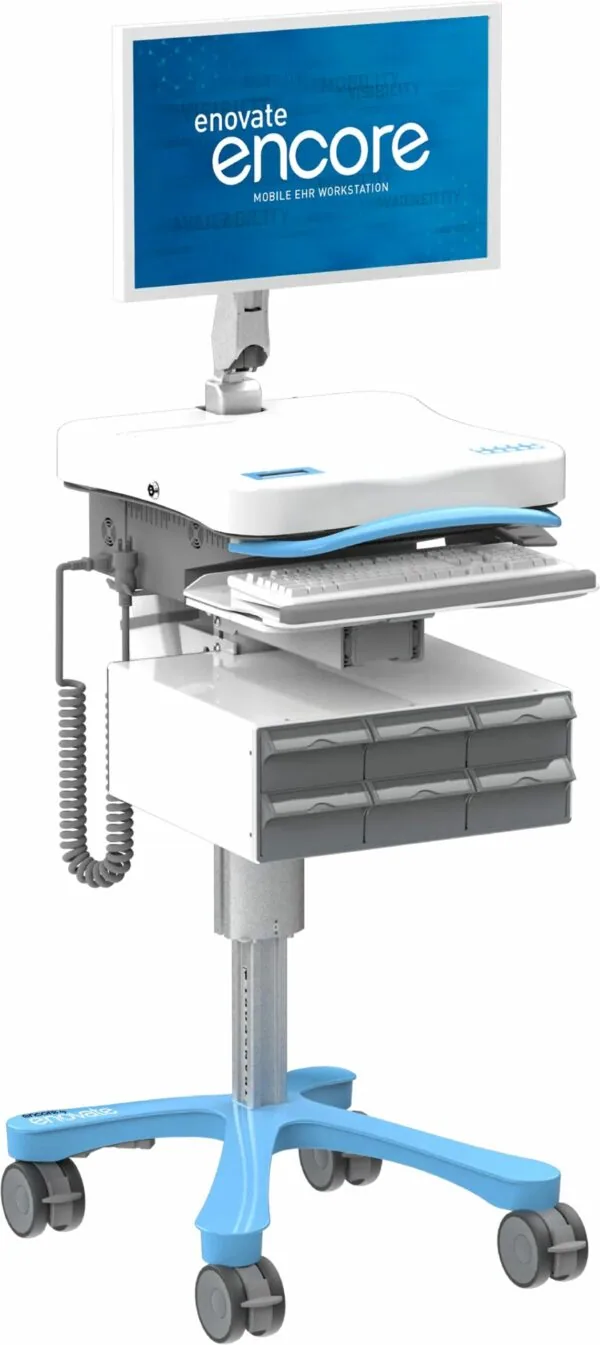 Mobile medical workstation with blue base, white upper unit, keyboard tray, storage drawers, and monitor on articulating arm displaying Enovate Encore software interface.