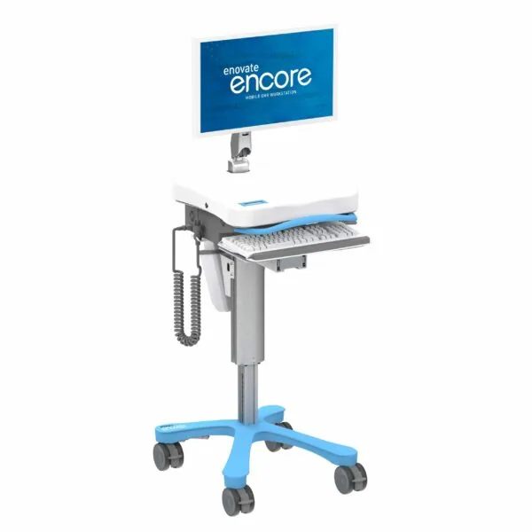 Mobile computer workstation with blue base, white upper cart, keyboard tray, and blue monitor displaying Enovate Encore branding