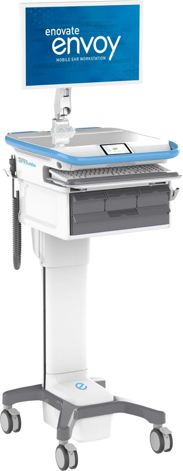 Mobile workstation on wheeled stand with blue work surface, display monitor showing enovate envoy branding, keyboard tray, and storage drawers
