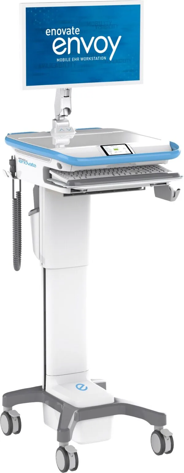 Mobile medical workstation with monitor display, keyboard tray, and wheeled base showing Envoy branding