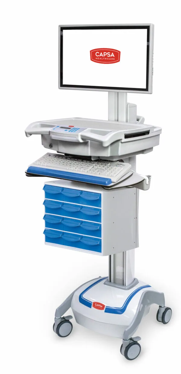 Medical cart with monitor, keyboard, drawer storage, and blue bins on wheels