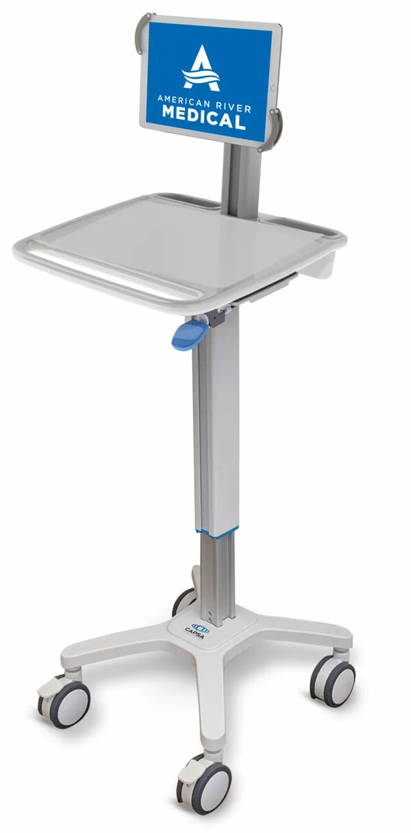 Medical tablet cart with blue display screen and white base on wheeled casters