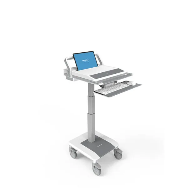Mobile technology cart with adjustable height pole, tablet holder, keyboard tray, and rolling base with casters