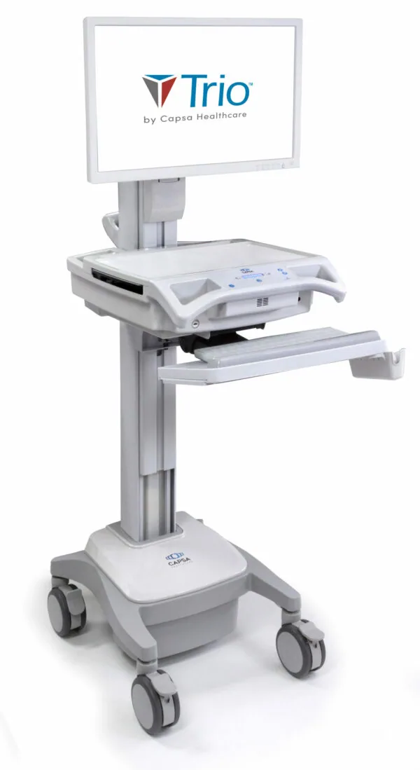 Trio by Capsa Healthcare mobile computer workstation with monitor, keyboard tray, and wheels