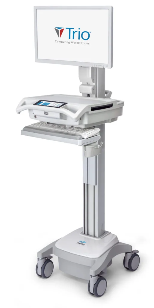 Trio computing workstation mobile cart with monitor, keyboard, and equipment shelves on wheeled base