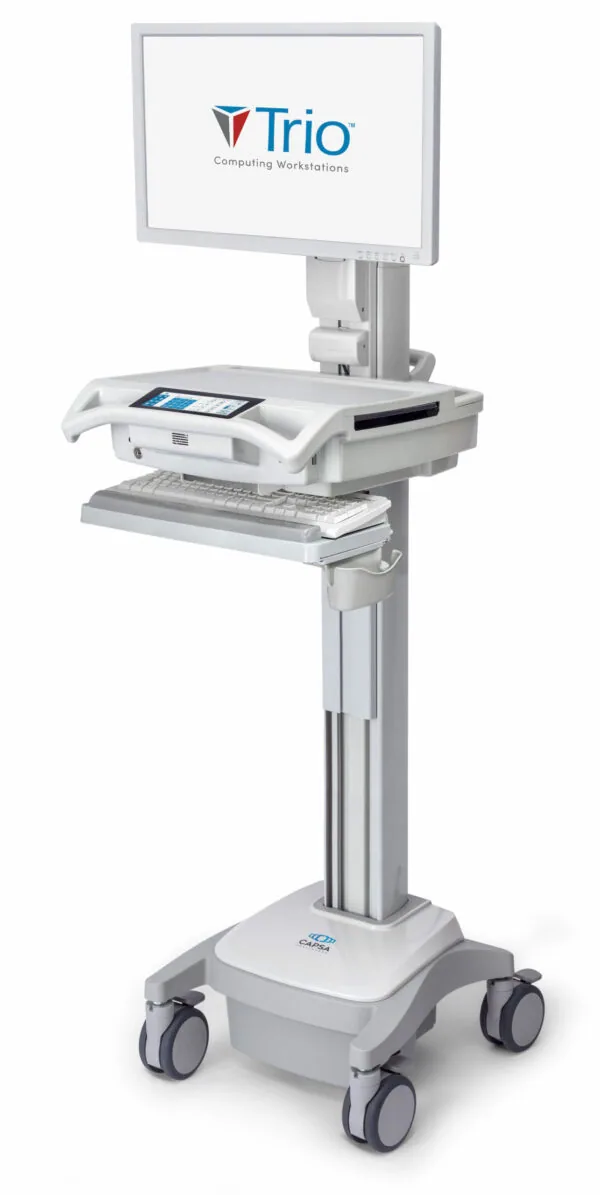 Trio computing workstation mobile cart with monitor, keyboard, and equipment shelves on wheeled base