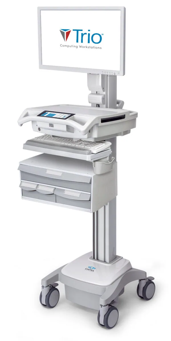 Trio Computing Workstation mobile cart with monitor, keyboard, storage drawers and CPU mounted on wheeled base