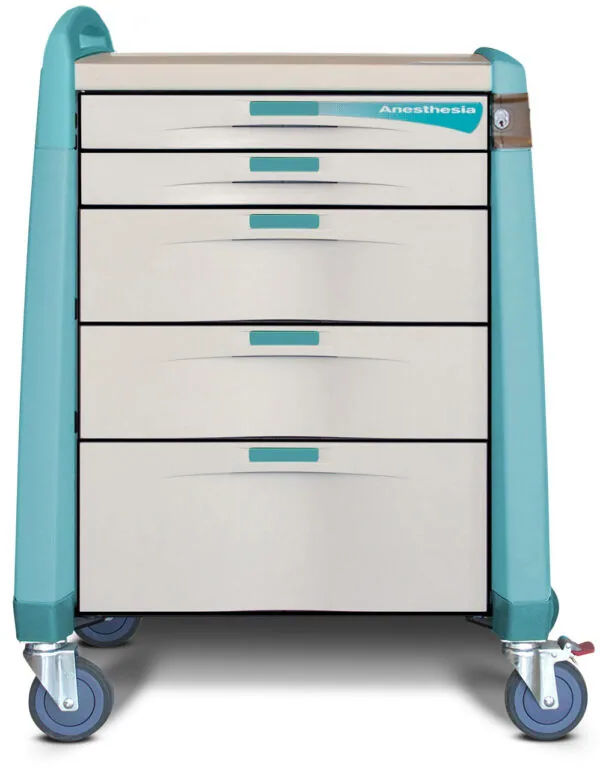 Teal medical cart with five white drawers and turquoise handles mounted on blue caster wheels