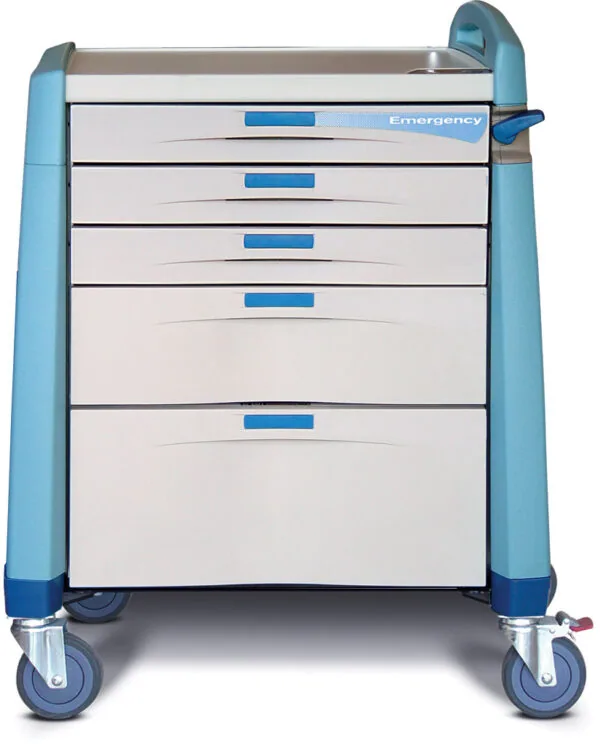 Blue and white medical cart with five drawers on casters, labeled Emergency on top drawer