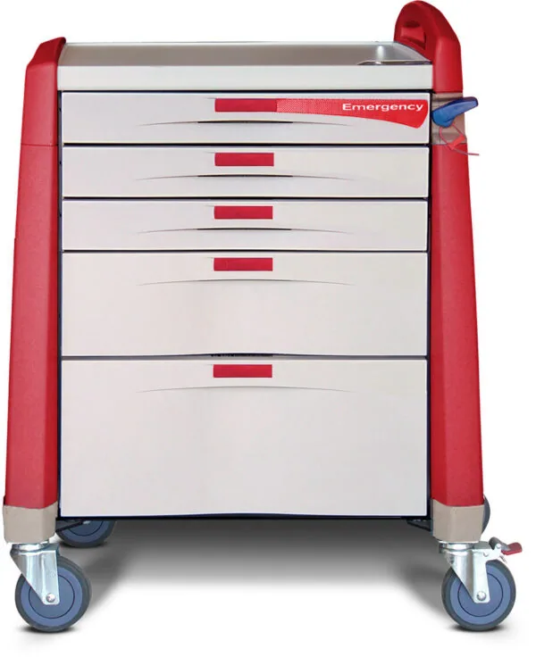 Red medical cart with six white drawers, red handles, and blue casters, labeled Emergency on top drawer