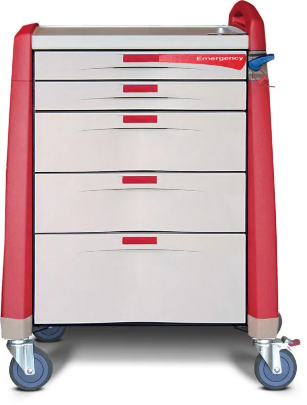 Red and white medical cart with five drawers, labeled Emergency on top drawer, mounted on blue casters.