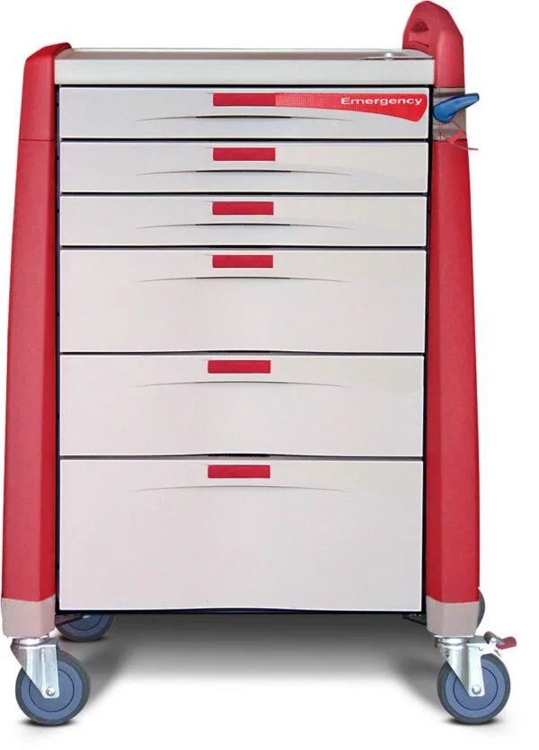 Red medical supply cart with six white drawers with red handles and an emergency label on top drawer, mounted on blue casters.