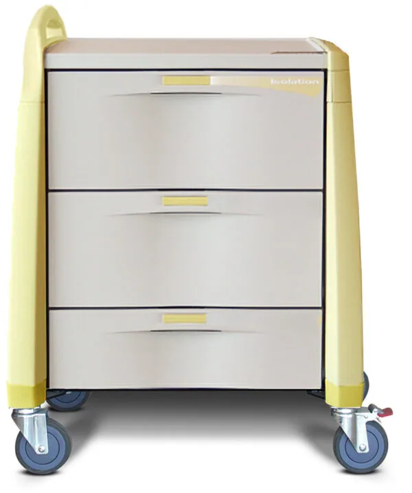 Yellow mobile cart with white drawer fronts, brass handles, and blue casters