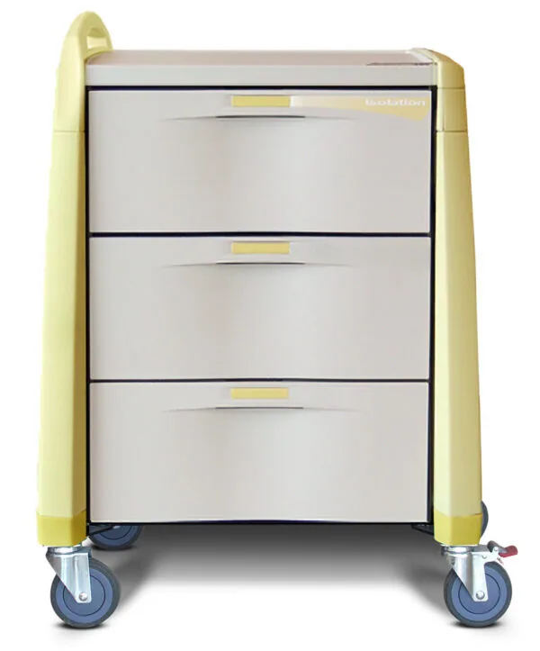 Mobile cart with yellow handles and three gray drawers with yellow label holders, mounted on blue casters