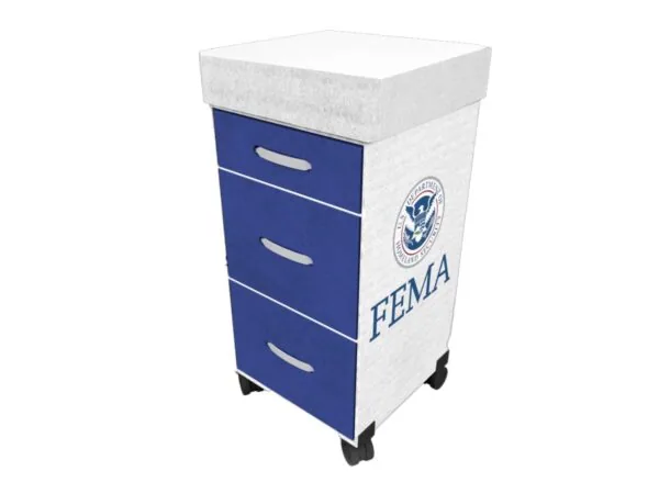 Medical cart with blue drawers, white top, and FEMA seal branding on side