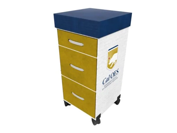 Mobile storage cart with gold drawers, white side panel, dark blue top, and rolling casters