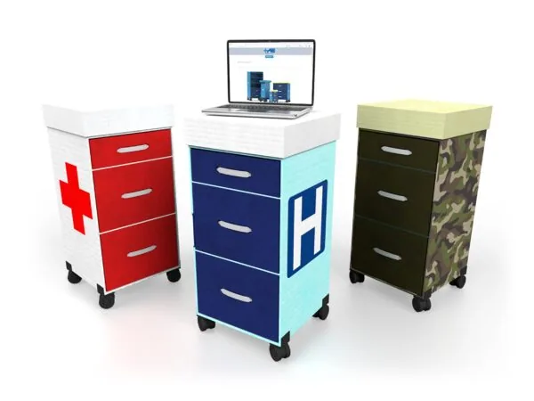 Three mobile storage carts with drawers and casters displayed with laptop computer on center cart showing healthcare interface