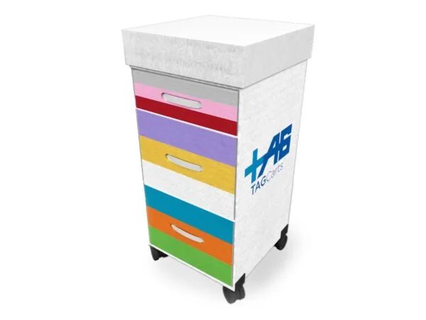 Multi-drawer storage cart with white exterior, colored drawer fronts in pink, red, purple, yellow, teal, orange, and green, featuring blue logo and text on side, mounted on black wheels.