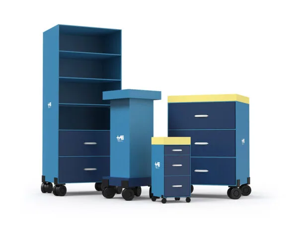 Collection of four blue and yellow mobile storage cabinets with wheels and drawers in varying sizes