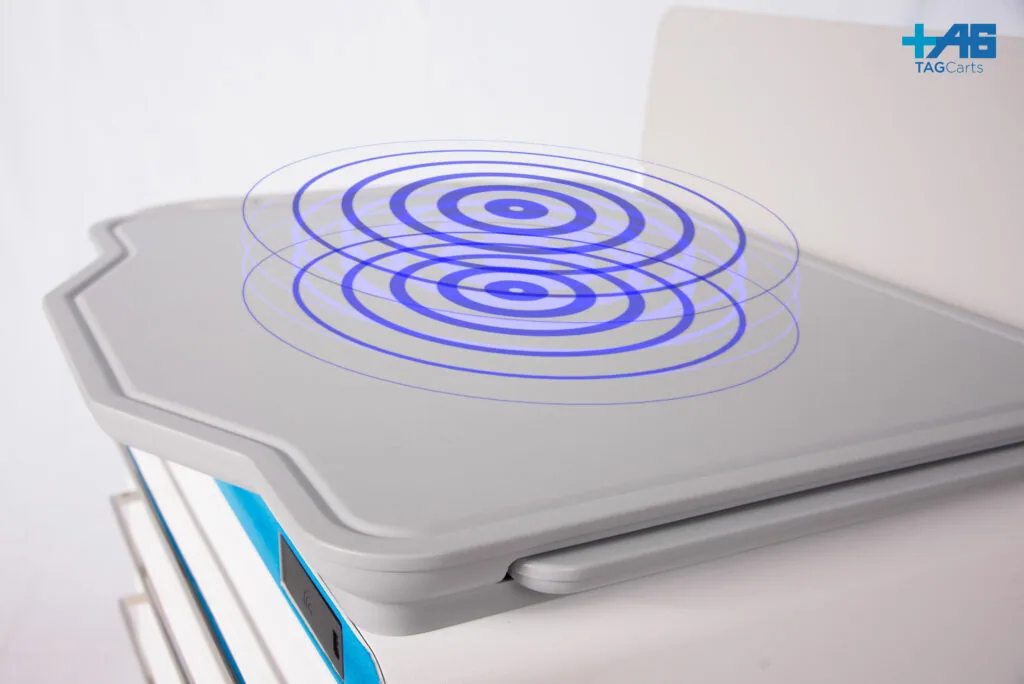RFID tag reader with blue concentric circle pattern on white device surface