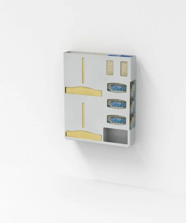 White wall-mounted dispensing cabinet with yellow-handled doors, woven basket inserts, and blue container holders on right side