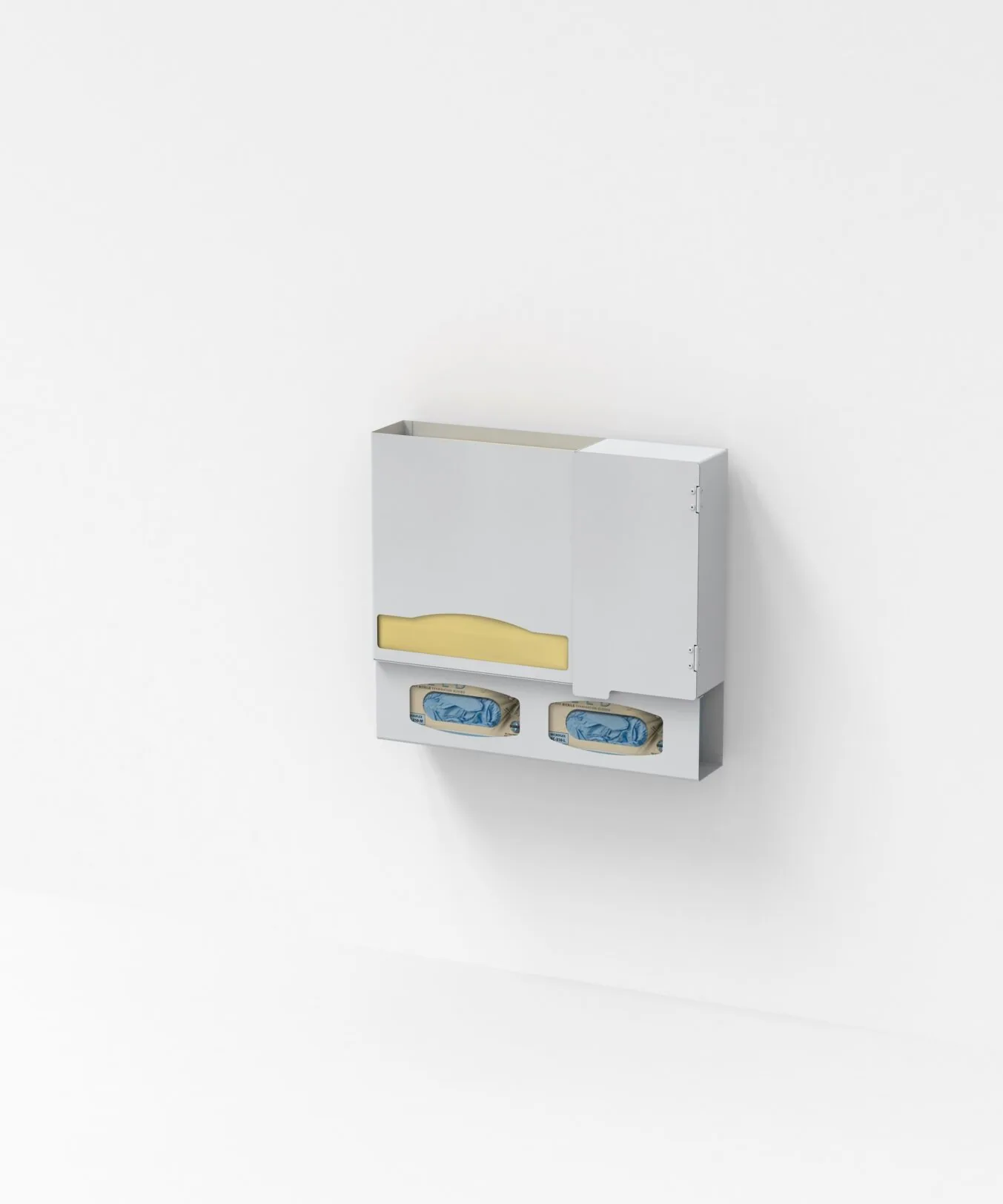 White wall-mounted organizer with yellow item in upper slot and two blue compartments below